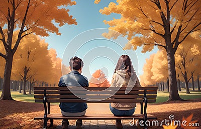 boy and girl sit on bench in autumn park ai generated Stock Photo