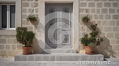 Contemporary Residential Entrance with Gray Front Door and Decorative Windows Stock Photo