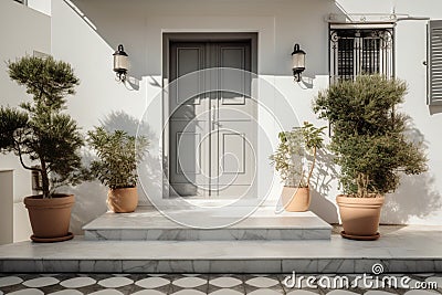 Contemporary Residential Entrance with Gray Front Door and Decorative Windows Stock Photo