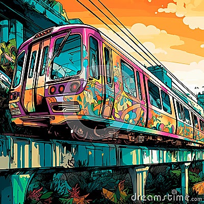 Urban Flight. A Comix-Style Monorail Adventure Stock Photo