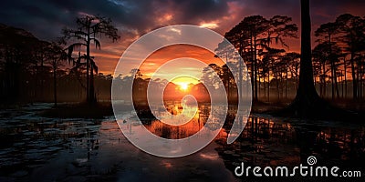 The Pantanal, Brazil. sunset, sunrise, dusk, twilight swamp. flooded landscape. rural lake, creek, swamp. Stock Photo