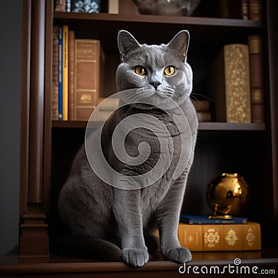 Proud Chartreux Cat on Bookshelf Stock Photo