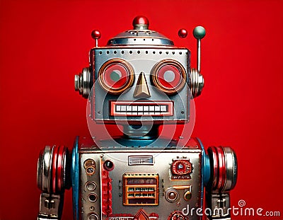 The image features a red and silver robot, showcasing its design as a toy automaton Stock Photo