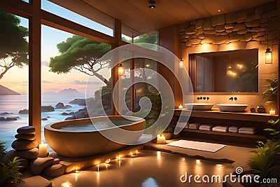 image features a rustic wood and stone bathroom balcony with a luxurious tub Stock Photo