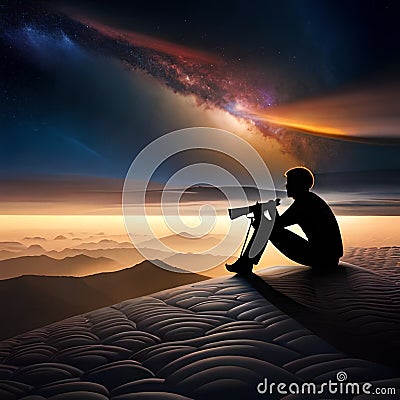 Silhouette of a person watching the universe from a cloud Stock Photo