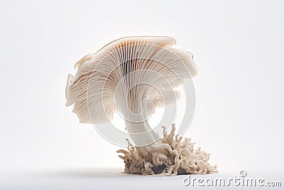 This image features a single white mushroom against a white background, providing a clear and straightforward depiction., Mushroom Stock Photo