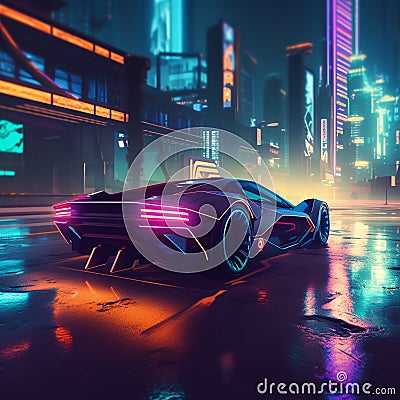 Futuristic Car Speeding Through a Neon-Lit City Stock Photo