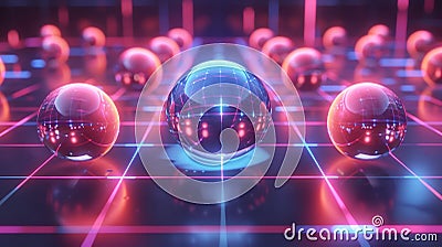 The image features spherical objects arranged on a neon grid Stock Photo
