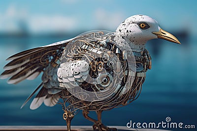 Robotic Seagull Overlooking Coastal Landscape (generative AI) Stock Photo