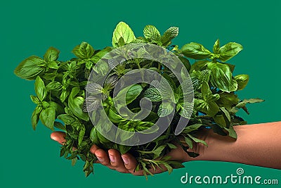 An image featuring hands holding a bunch of fresh herbs with vibrant green leaves, symbolizing the abundance of chlorophyll in Stock Photo