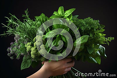 An image featuring hands holding a bunch of fresh herbs with vibrant green leaves, symbolizing the abundance of chlorophyll in Stock Photo
