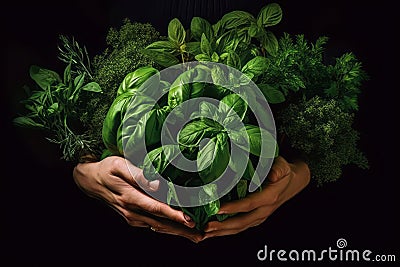 An image featuring hands holding a bunch of fresh herbs with vibrant green leaves, symbolizing the abundance of chlorophyll in Stock Photo