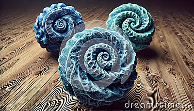 Image featuring three intricate blue spiral spheres on a wooden surface creating a visually captivating effect, Generative AI Stock Photo