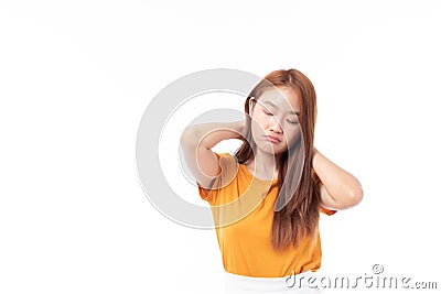 Image of feeling excited, shock, surprise and bored. Young asian woman standing isolated on white background. Female face Stock Photo