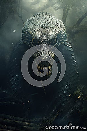 Image of ferocious eerie angry king cobra in the forest with a scary atmosphere, Birds, Wildlife Animals., Generative AI, Stock Photo