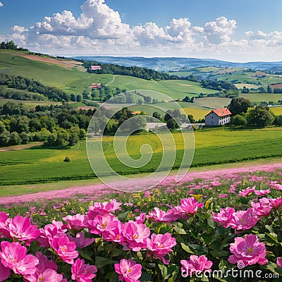 Field waves with blossoming trees in the spring, South Moravia, Czech Republic made with Generative AI Stock Photo