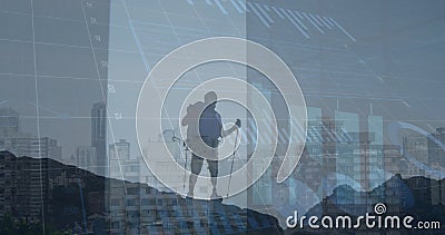 Image of financial data processing over caucasian male hiker and cityscape Stock Photo