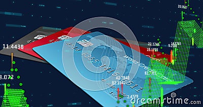 Image of financial data processing over pile of credit cards Editorial Stock Photo