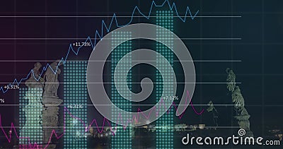 Image of financial graphs and data over night cityscape Stock Photo