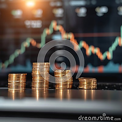 Image Financial growth coins growing on laptop with a financial graph Stock Photo