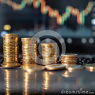 Image Financial growth coins growing on laptop with a financial graph Stock Photo