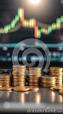 Image Financial growth coins growing on laptop with a financial graph Stock Photo