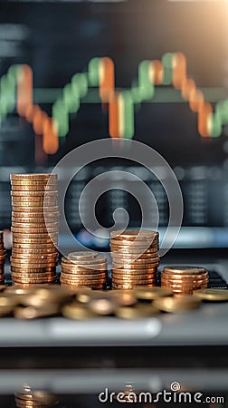 Image Financial growth coins growing on laptop with a financial graph Stock Photo