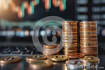 Image Financial growth coins growing on laptop with a financial graph Stock Photo