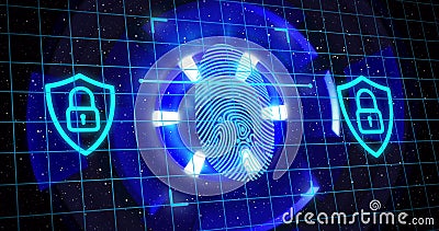 Image of fingerprint in black space with digital padlocks on shields Stock Photo