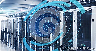 Image of fingerprint in circle over servers and data processing Stock Photo