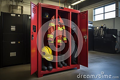 A image of a firemans locker containing a helmet and essential firefighters equipment, Locker in a fire station, housing Stock Photo