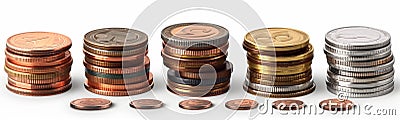 Image of five stacks of coins, each of different colors and sizes, arranged in two rows on the right on a white background Stock Photo