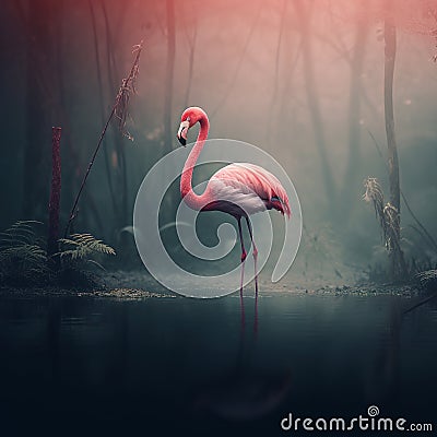 Image of flamenco bird standing in the swamp in the middle of the forest. Birds. Animals. illustration. Generative AI Cartoon Illustration