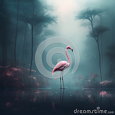 Image of flamenco bird standing in the swamp in the middle of the forest. Birds. Animals. illustration. Generative AI Cartoon Illustration