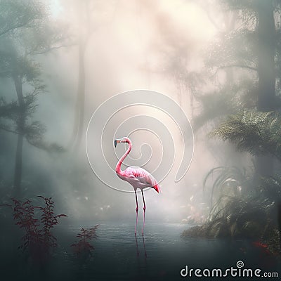 Image of flamenco bird standing in the swamp in the middle of the forest. Birds. Animals. illustration. Generative AI Cartoon Illustration