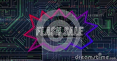 Image of flash sale text in speech bubble, circuit board pattern, masked hacker hacking laptop Stock Photo