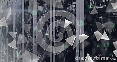 Image of floating 3d grey pyramids, green icons and networks over computer server room Stock Photo