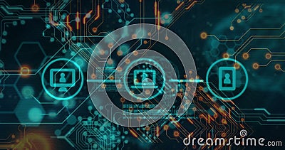 Image of flowchart icons and computer language over circuit board pattern Cartoon Illustration