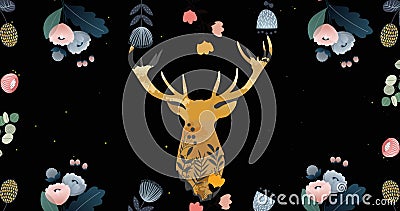 Image of flowers and stag head design on black with falling snow Stock Photo