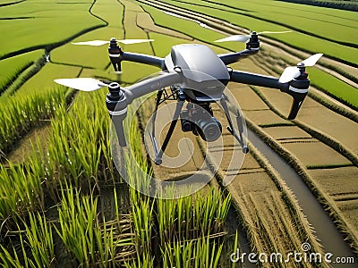 image of flying drone above the farmland field. Stock Photo