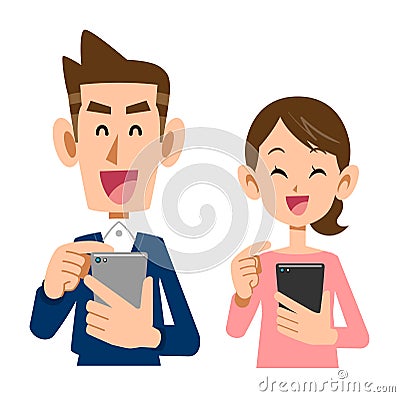 A young couple operating a smartphone with a smile Vector Illustration