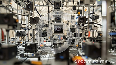 An image focusing on an intricate arrangement of automated testing rigs where highspeed cameras capture the performance Stock Photo