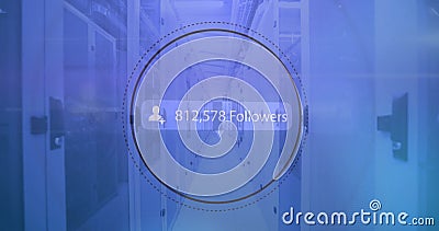 Image of followers text and data processing over computer servers Stock Photo