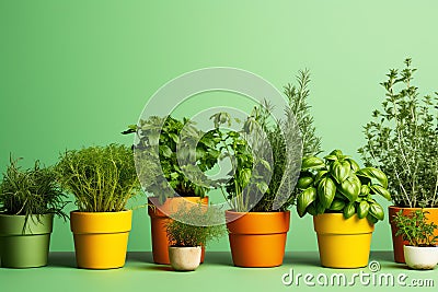 Fresh Herbs in Pots Vintage Country Kitchen Stock Photo