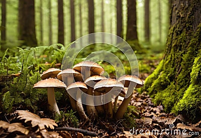 An image of fresh mushrooms on a forest floor. Stock Photo