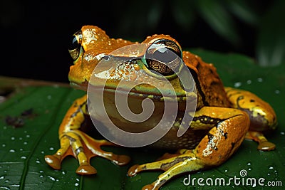Image of frog on green leaf. Amphibian. Animals. Illustration. Generative AI Stock Photo