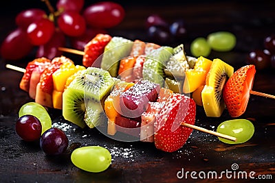 Fruit kebab with colorful pieces tasty dessert background Stock Photo