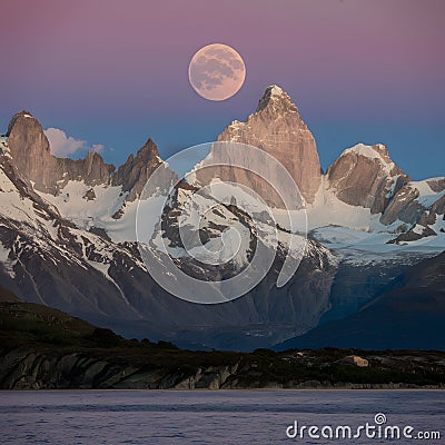 Image Full moon shines brightly over Patagonia, Argentina Stock Photo