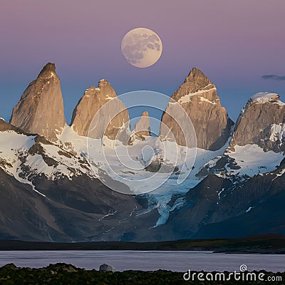 Image Full moon shines brightly over Patagonia, Argentina Stock Photo