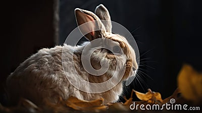 Image of a furry rabbit in macro lens. Cute little rabbit on green grass in sunshine day. Cartoon Illustration